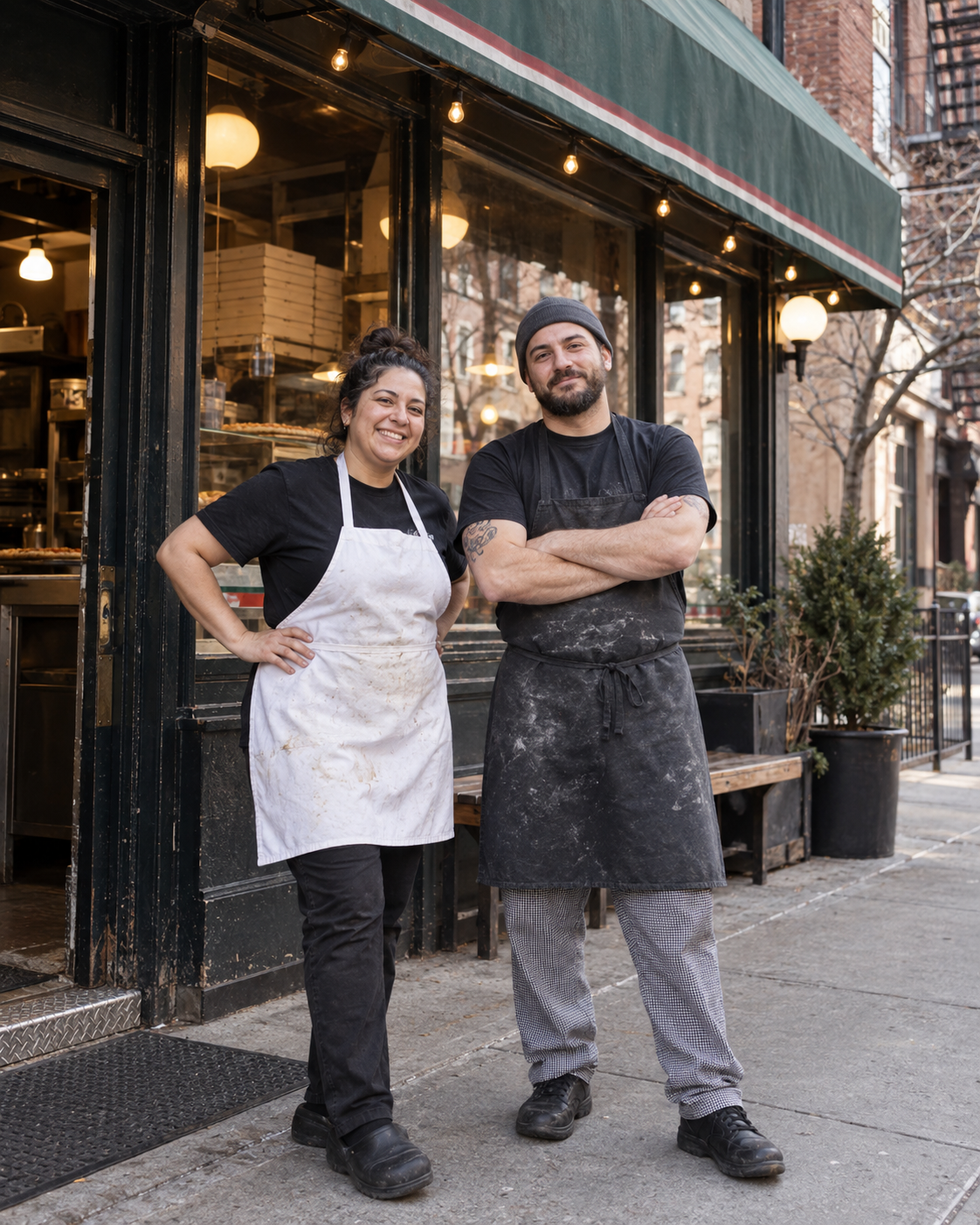 Two owners outside their bakery