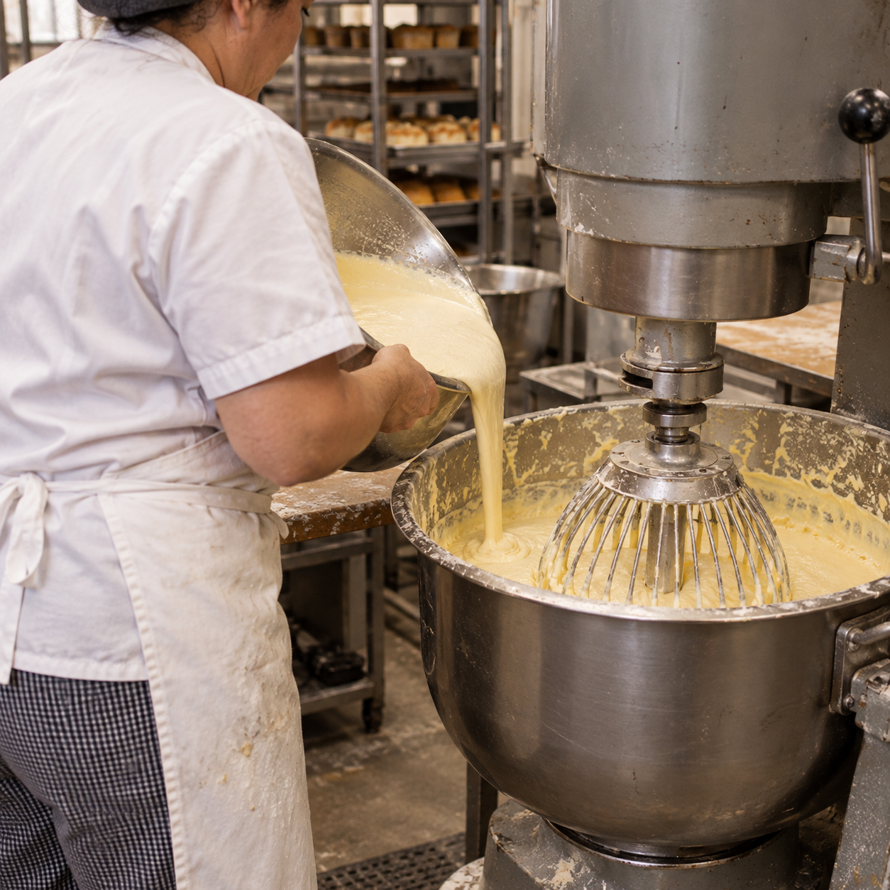 A baker filling a commercial mixer