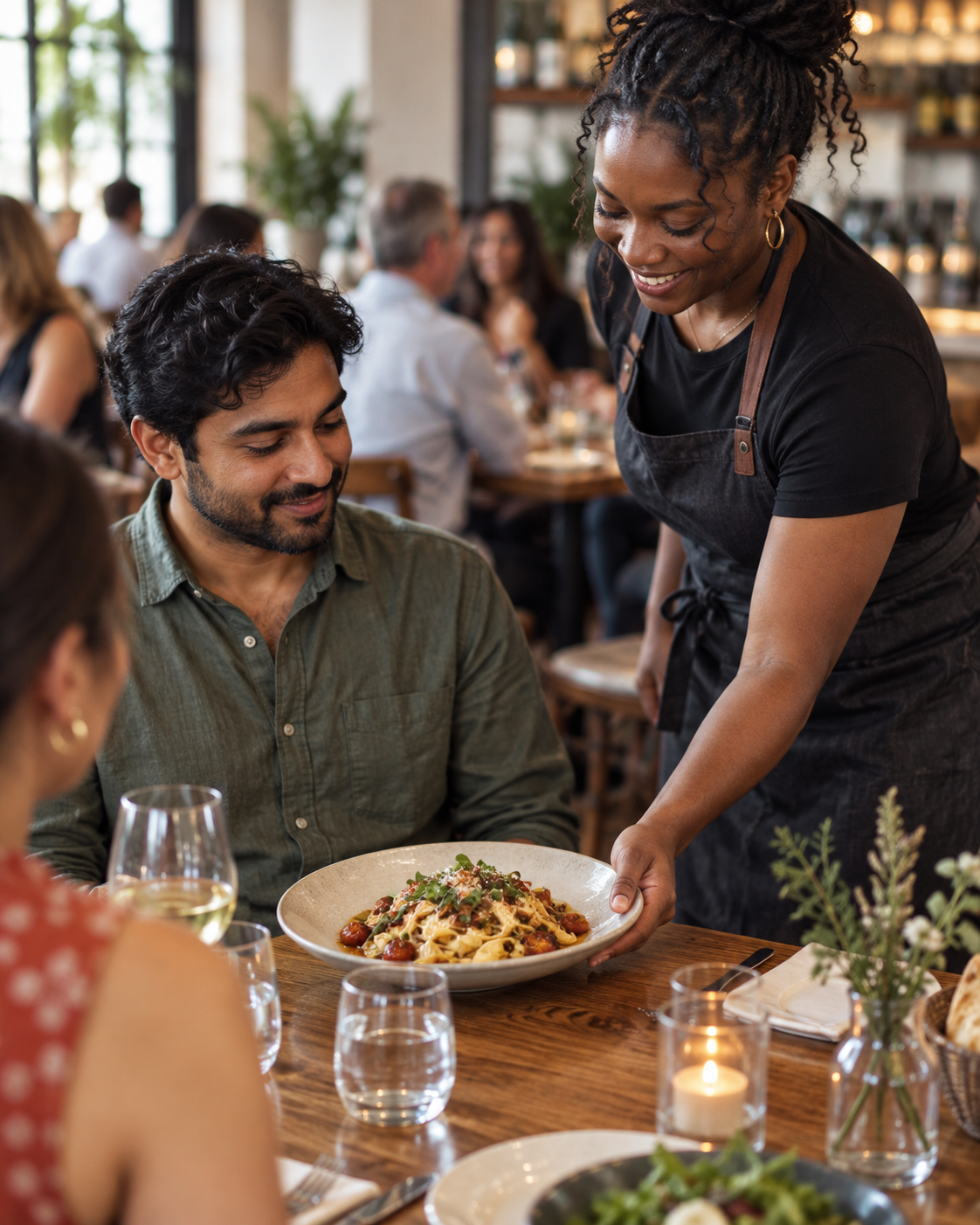 A server delivering a dish to a table
